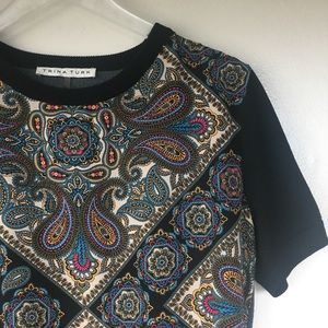 TRINA TURK Paisley Short Sleeve Silk Sweater Sz M